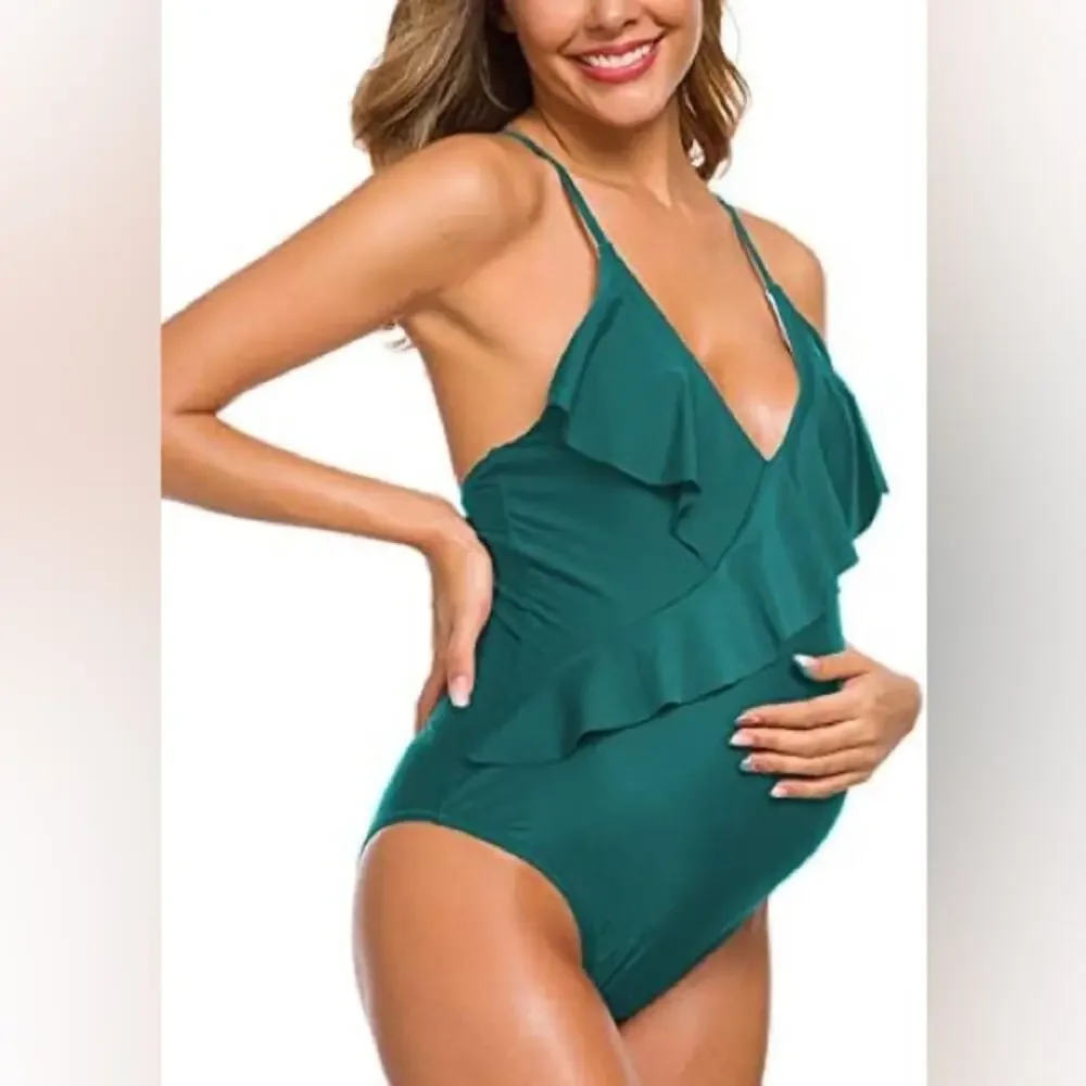 Maternity Swimsuit Women's Size 2XL One Piece Ruffle Swim Deep V Neck in Green